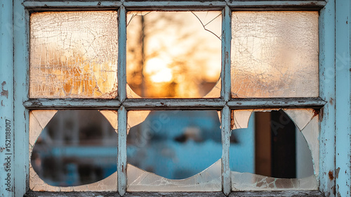 A series of empty, broken windows reflecting the surrounding world, symbolizing the fractured perspective through which we view reality