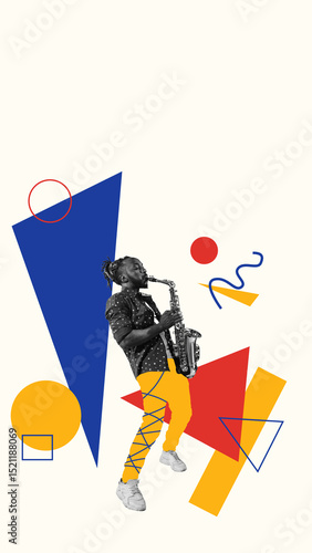 Photography African-American jazzman an playing saxophone with geometric red blue yellow shapes against pastel background