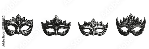 Decorative Masquerade Masks In Silhouette Set. Carnival And Festive Celebration Symbol Collection. Event And Party Use. Isolated Vector Illustration