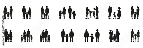 Family Interaction In Silhouette Set. Parenting, Childhood, And Emotional Bonding Symbol Collection. Social And Educational Use. Isolated Vector Illustration