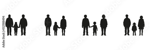 Family Interaction In Silhouette Set. Parenting, Childhood, And Emotional Bonding Symbol Collection. Social And Educational Use. Isolated Vector Illustration