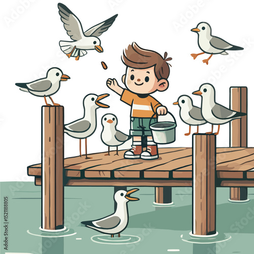 Smiling Boy Feeding Seagulls from a Wooden Pier with White Pail Cartoon Style
