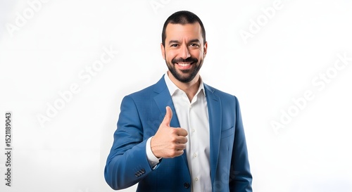 A confident businessman dressed in a smart blue suit, giving a thumbs-up gesture of approval and encouragement, radiating optimism and success.