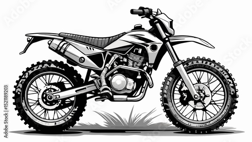 Black and white sketch of an off-road dirtbike motorcycle with knobby tires and suspension details