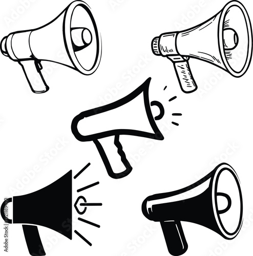 Collection of Megaphone Icons in Various Outline and Solid Black Styles for Announcements