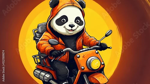 panda riding motorcycle as delivery courier video concept food delivery urban logistics branding animation

