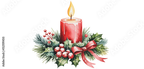 Watercolor Christmas Candle with Holly and Pine