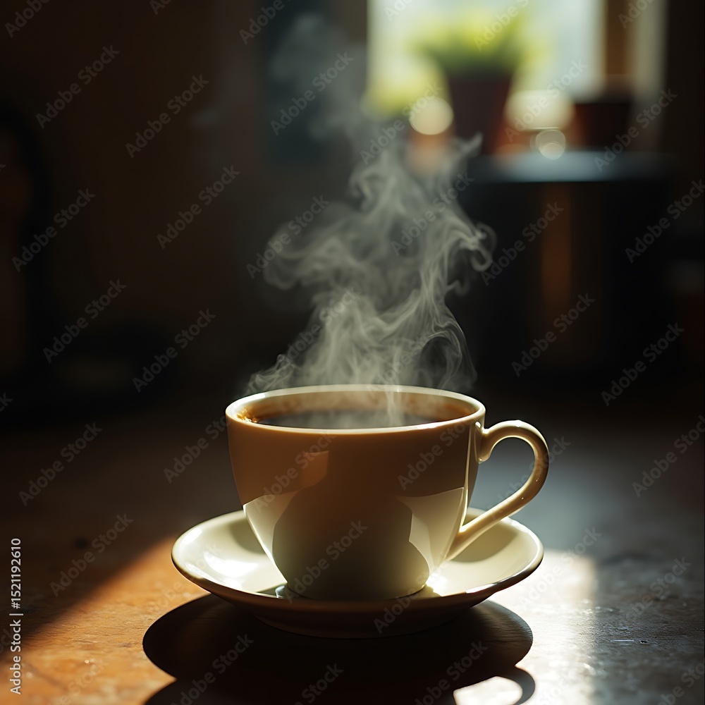 Fototapeta premium Steaming Coffee Cup on Table Warm Drink Enjoyment