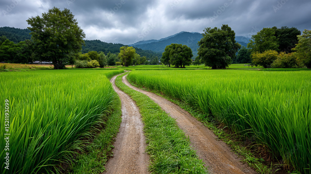 Obraz premium Verdant rice fields cradle curving path