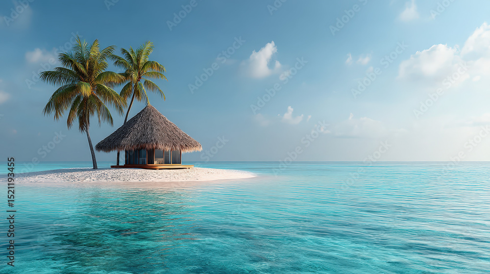 Obraz premium Isolated Tropical Island with Single Hut and Palm Trees Under Bright Blue Sky and Clear Water Surrounding It