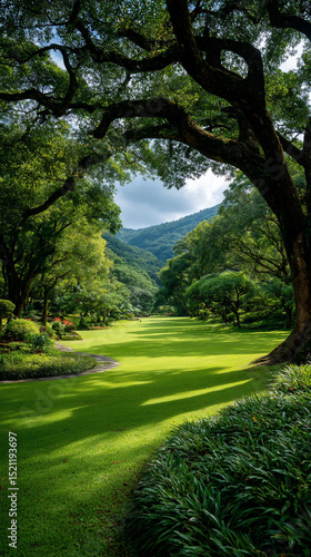 Verdant valley framed by ancient boughs