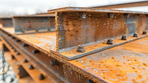Stacked steel beams in close-up view representing trade barriers and economic protectionism, industrial strength and construction material concepts.