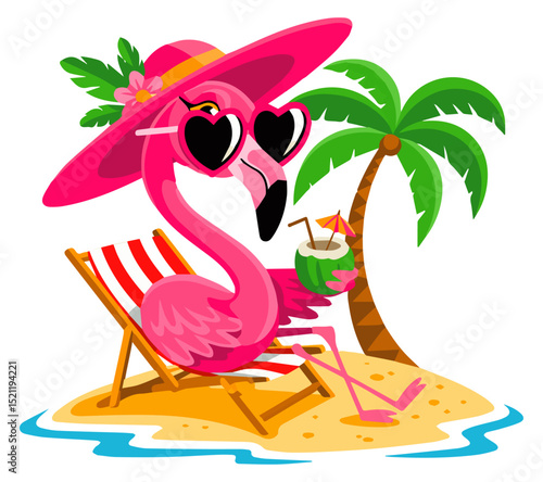 Cartoon-style illustration depicting a pink flamingo in a hat, sitting on a folding chair on an island with a palm tree and sipping a cocktail through a straw on a white background. Vector graphics.