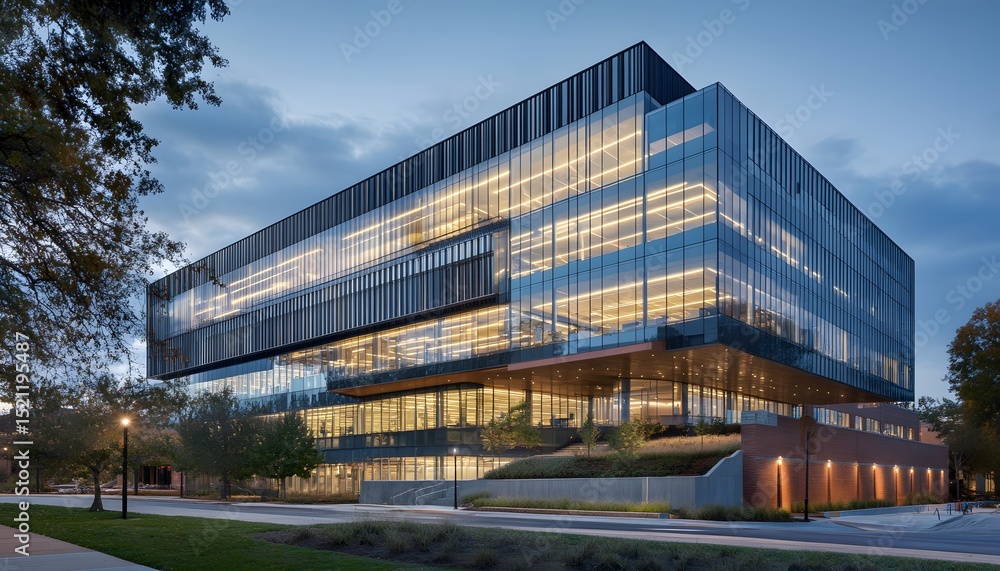 Fototapeta premium Modern glass-fronted building at dusk.