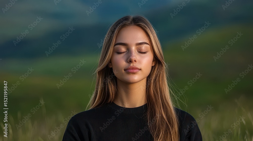 Fototapeta premium A serene woman with closed eyes, immersed in nature, embodies tranquility and mindfulness against a lush green backdrop.