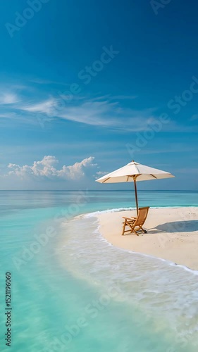 Serene Beach Scene: White Umbrella and Wooden Chair on Pristine Sandbar