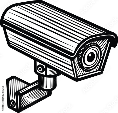 Security camera silhouette with wall mount and visible lens for surveillance, technology, privacy