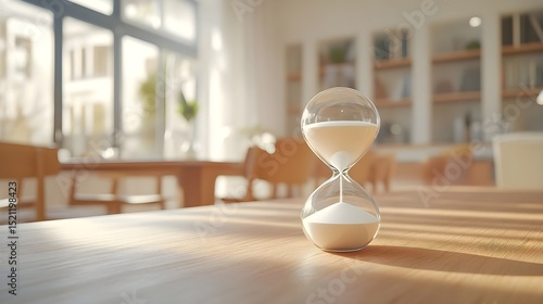 Hourglass on Wooden Table in Sunlit Room Time Management Concept