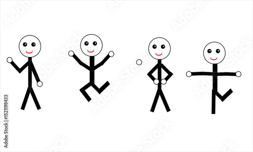 Stickman in Different Poses:  Waving, Jumping, Hands on Hips and Standing on One Leg Outline