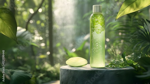 Refreshing Green Botanical Body Wash Bottle in Lush Nature Setting