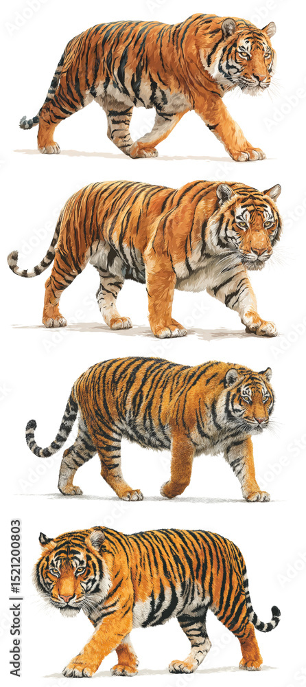 Fototapeta premium Illustration of Four Realistic Tigers Walking in Different Poses