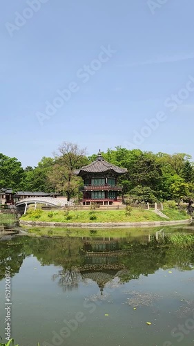 The pond and Hyangwonjeong Pavilion in Gyeongbokgung palace complex. 