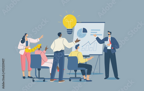 Brainstorming concept, Business idea discussion, Teamwork and effective communication, Business people team meeting with big light bulb, Flat design vector illustration.