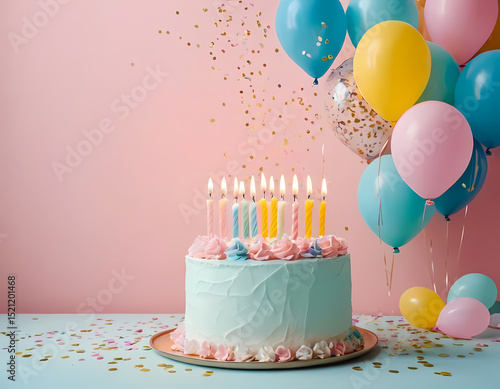 birthday cake with candles, light pastel-colored birthday background with a cake and candles on the right side of the image. Decorate the left side of the image with balloon confetti decorations