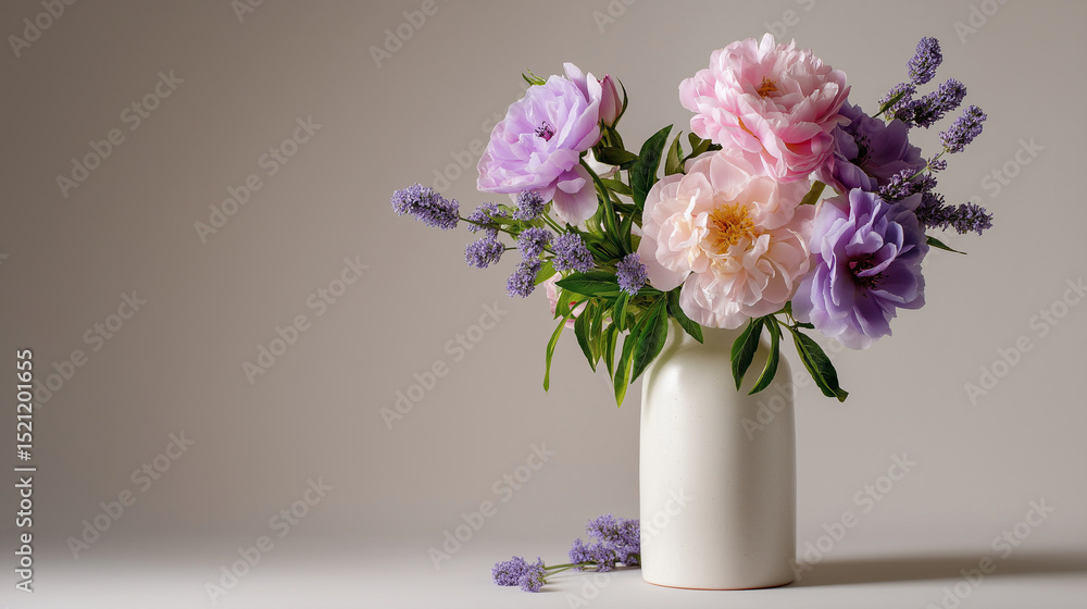 A delicate arrangement of pastel pink and purple flowers, featuring soft-hued roses, lavender sprigs, and peonies, is elegantly displayed in a tall, smooth white ceramic cylinder v A delicate arrangement of pastel pink and purple flowers, featuring soft-hued roses, lavender sprigs, and peonies, is elegantly displayed in a tall, smooth white ceramic cylinder v