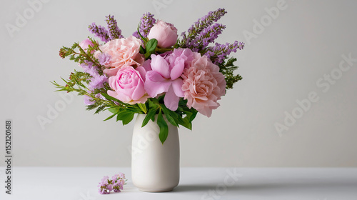 Wallpaper Mural A delicate arrangement of pastel pink and purple flowers, featuring soft-hued roses, lavender sprigs, and peonies, is elegantly displayed in a tall, smooth white ceramic cylinder v Torontodigital.ca