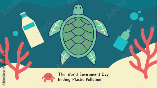 World Environment Day Illustration – Sea Turtle with Ocean Plastic Pollution