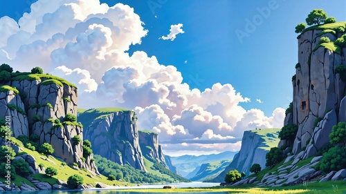 Serene Mountain Valley with River and Cloudy Sky