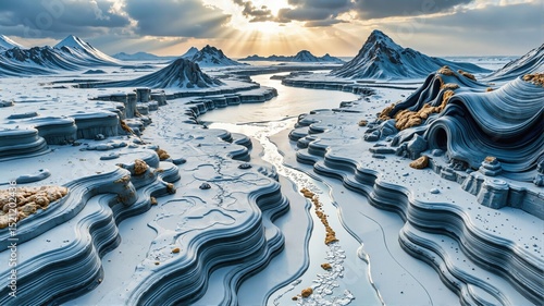  Frozen River Landscape with Snowy Mountains and Sunlight