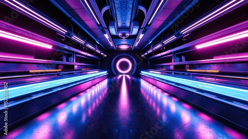  Futuristic Neon Tunnel with Glowing Lights and Reflective Floor