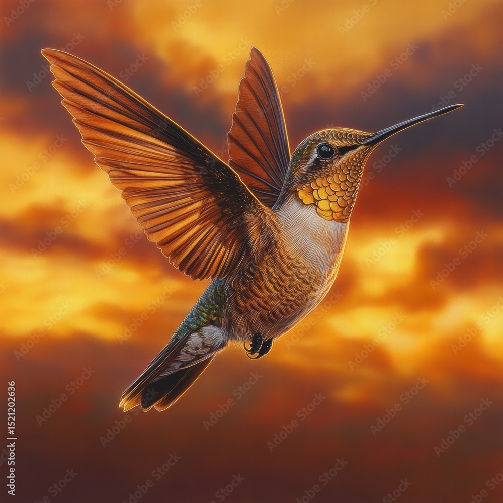 Fototapeta premium Vibrant Hummingbird in Flight Against a Colorful Sunset Sky