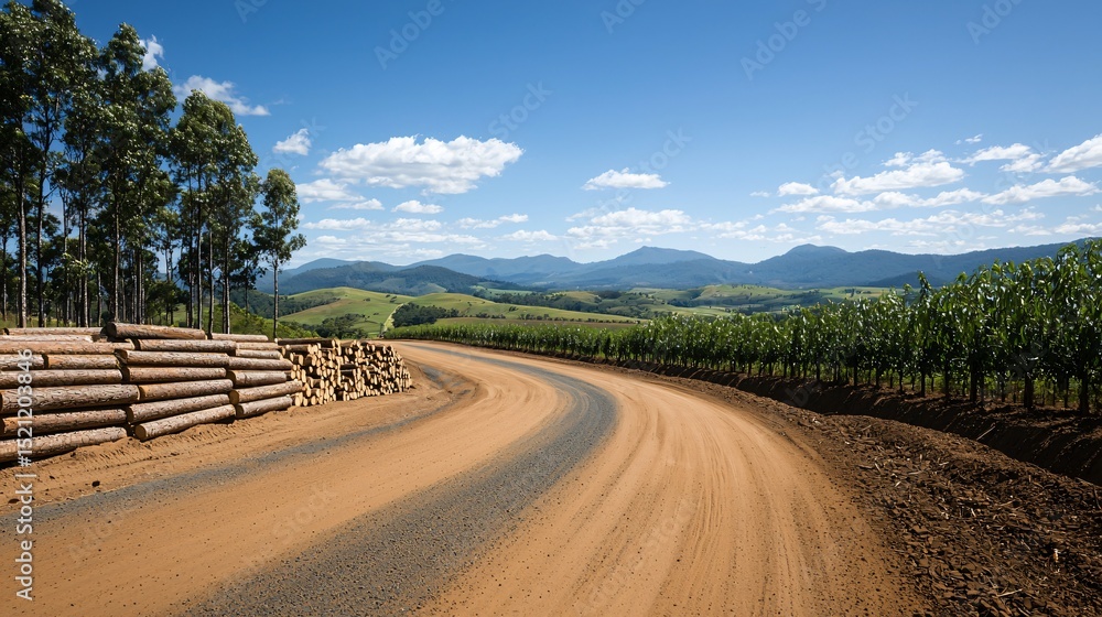 Fototapeta premium A vibrant green eucalyptus plantation on rolling hills, with felled logs prepared for biomass chipping alongside a gravel access road leading to a processing mill