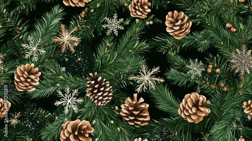 A repeating pattern of Christmas tree leaves with pinecones, garlands, and snowflakes, arranged for seamless tiling