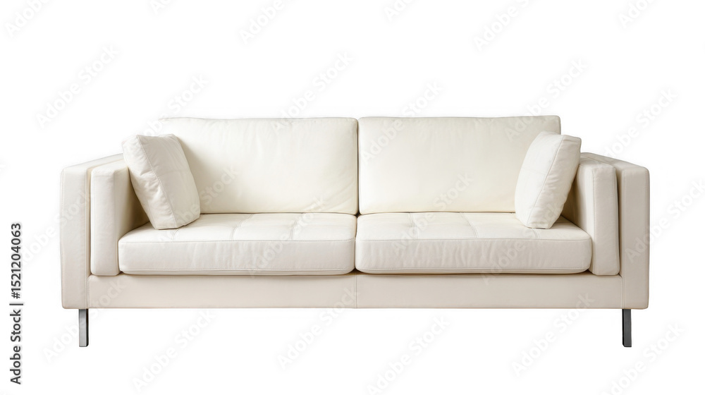 Comfortable white leather sofa with square cushions and clean lines isolated on a transparent background, perfect for interior design and home decor projects Comfortable white leather sofa with square cushions and clean lines isolated on a transparent background, perfect for interior design and home decor projects