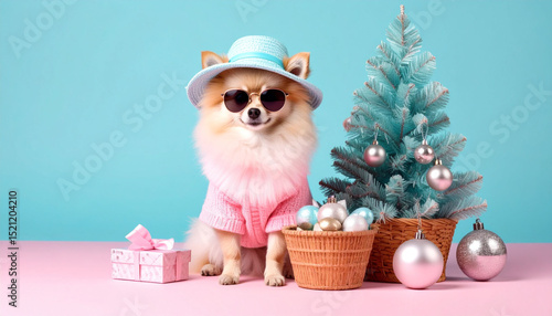 a fluffy, cream colored dog sits in the center of the frame, adorned with a light blue hat and dark sunglasses. the dog wears a soft pink sweater, giving it a fashionable and festive appearance