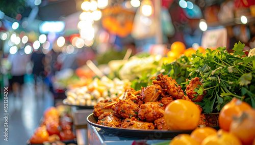 the image shows a bustling outdoor market stall with a variety of food items on display. in the foreground, there is a plate filled with pieces of cooked poultry next to some citrus fruits