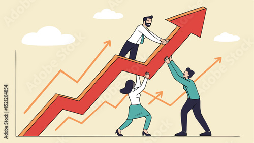Teamwork pushing arrow graph upwards to achieve business growth and success together strategy concept
