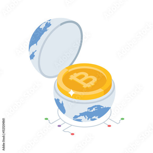 A sleek isometric icon showing global bitcoin market