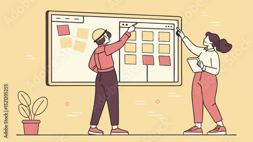 Two people collaborating on a project using a whiteboard with sticky notes and a digital interface