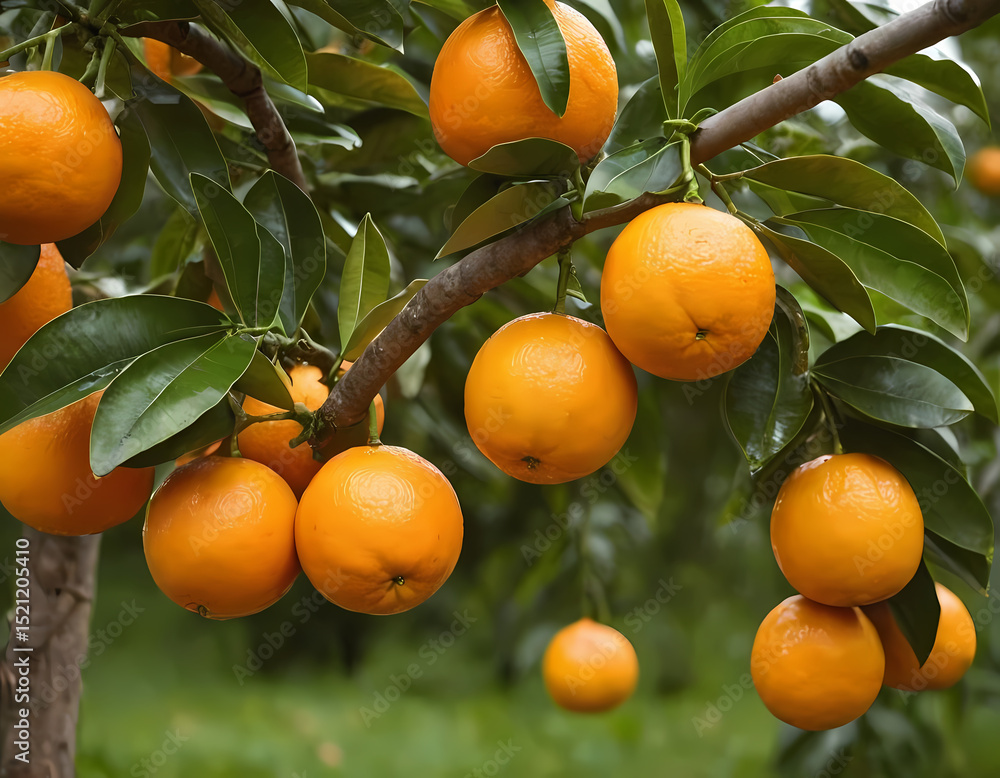 Bunch of fresh ripe oranges hanging on a tree in orange garden, fresh oranges on tree Bunch of fresh ripe oranges hanging on a tree in orange garden, fresh oranges on tree