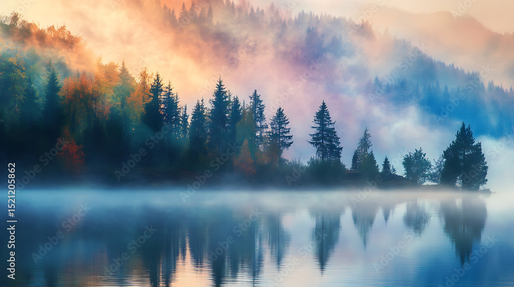 Fototapeta premium A foggy forest with trees in the background. The trees are covered in orange leaves. The sky is cloudy and the air is misty