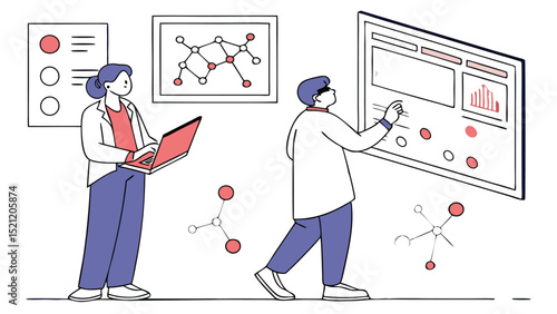 Illustration of scientists analyzing data and molecular structures in a laboratory setting environment