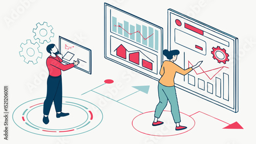 Two individuals analyzing data on screens with charts graphs and gears in a collaborative environment setting