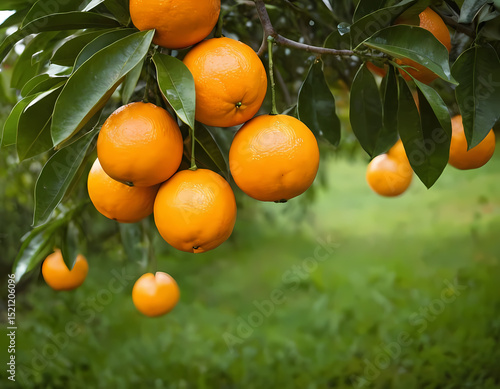 Bunch of fresh ripe oranges hanging on a tree in orange garden, fresh oranges on tree 
