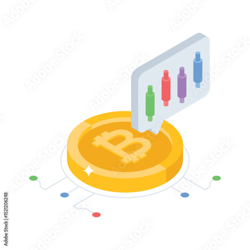 A premium isometric icon showing bitcoin market trend view