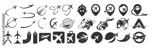 Airplane Travel Logo Icon Set. Modern Flight, Pin, Globe and Route Symbols on Transparent Background.